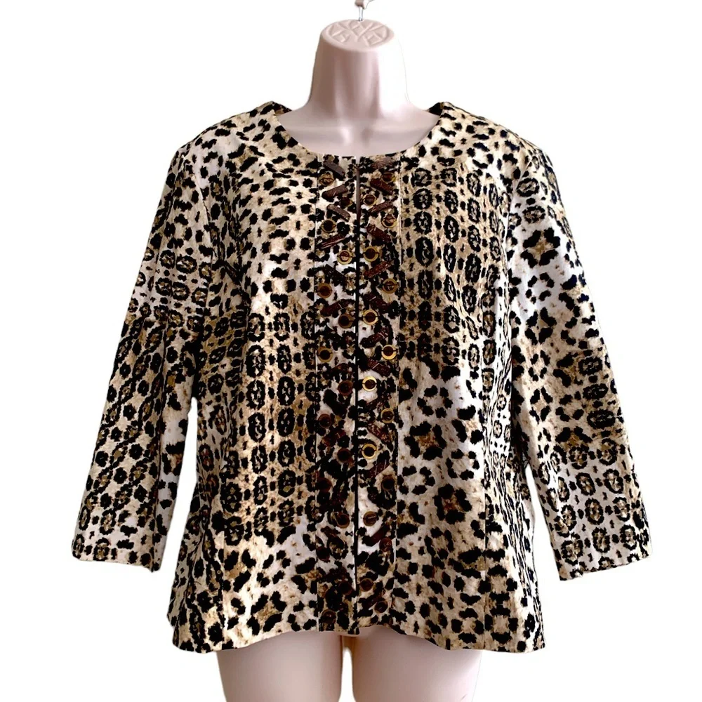 Ruby Rd. Leopard Print Button-Up Jacket in Black, Brown & Cream